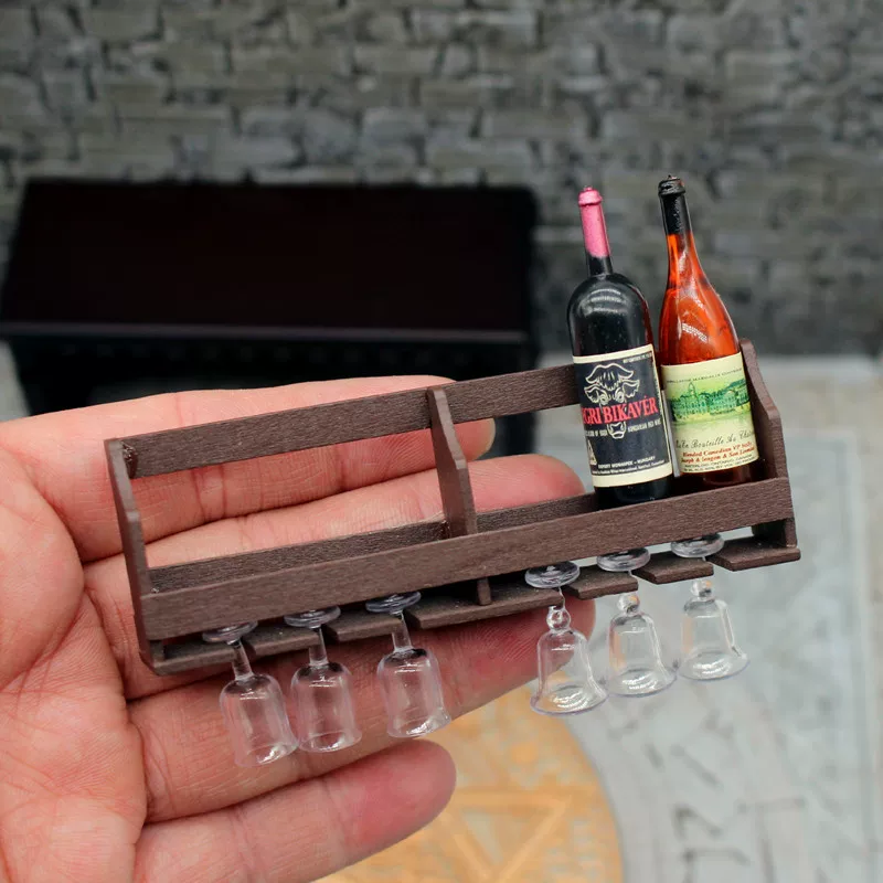 1:12 Miniature Dollhouse Wall-Mounted Wine Rack & Glass Holder Set - Tiny Wine Cabinet, Bottles & Goblets Kitchen Decor Accessories