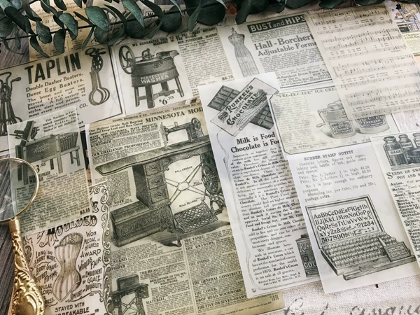 Vintage Junk Journal Ephemera Paper Pack, Textured Old Newspaper Poster Pages for TN Planners & Scrapbooking DIY Crafts