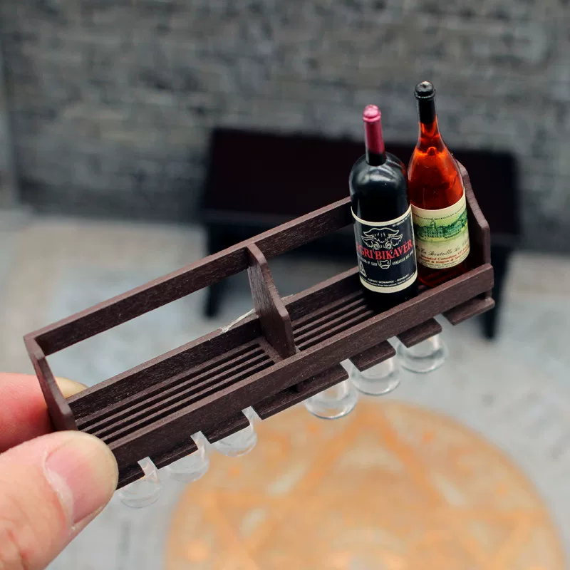 1:12 Miniature Dollhouse Wall-Mounted Wine Rack & Glass Holder Set - Tiny Wine Cabinet, Bottles & Goblets Kitchen Decor Accessories