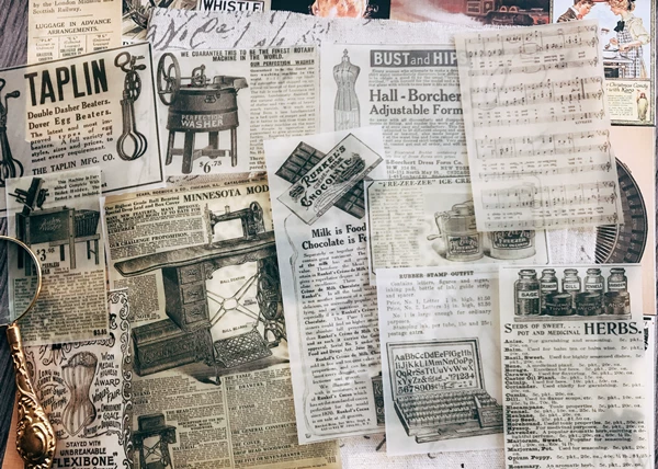 Vintage Junk Journal Ephemera Paper Pack, Textured Old Newspaper Poster Pages for TN Planners & Scrapbooking DIY Crafts