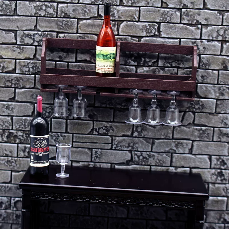 1:12 Miniature Dollhouse Wall-Mounted Wine Rack & Glass Holder Set - Tiny Wine Cabinet, Bottles & Goblets Kitchen Decor Accessories