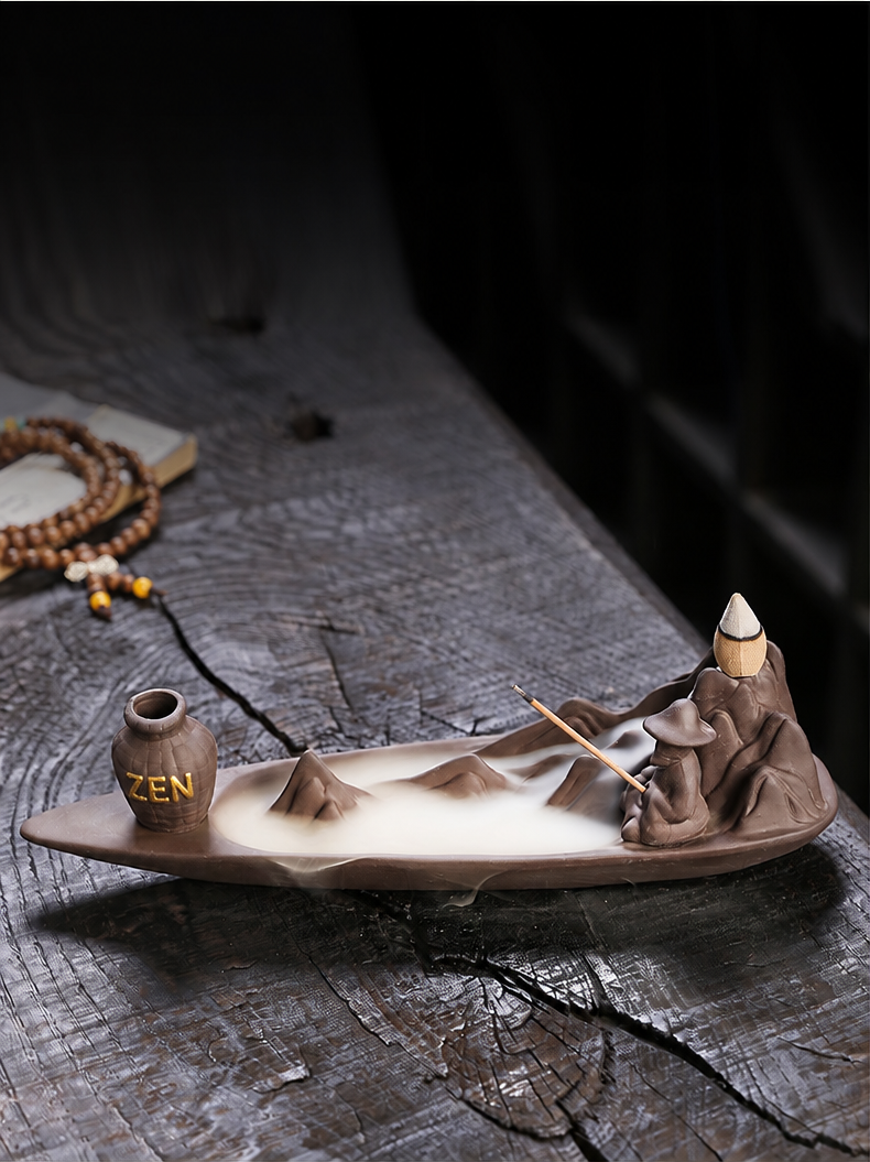 Jingchen Zen Mountain Boat Backflow Incense Burner – Handcrafted Purple Clay Waterfall Smoke & Stick Holder