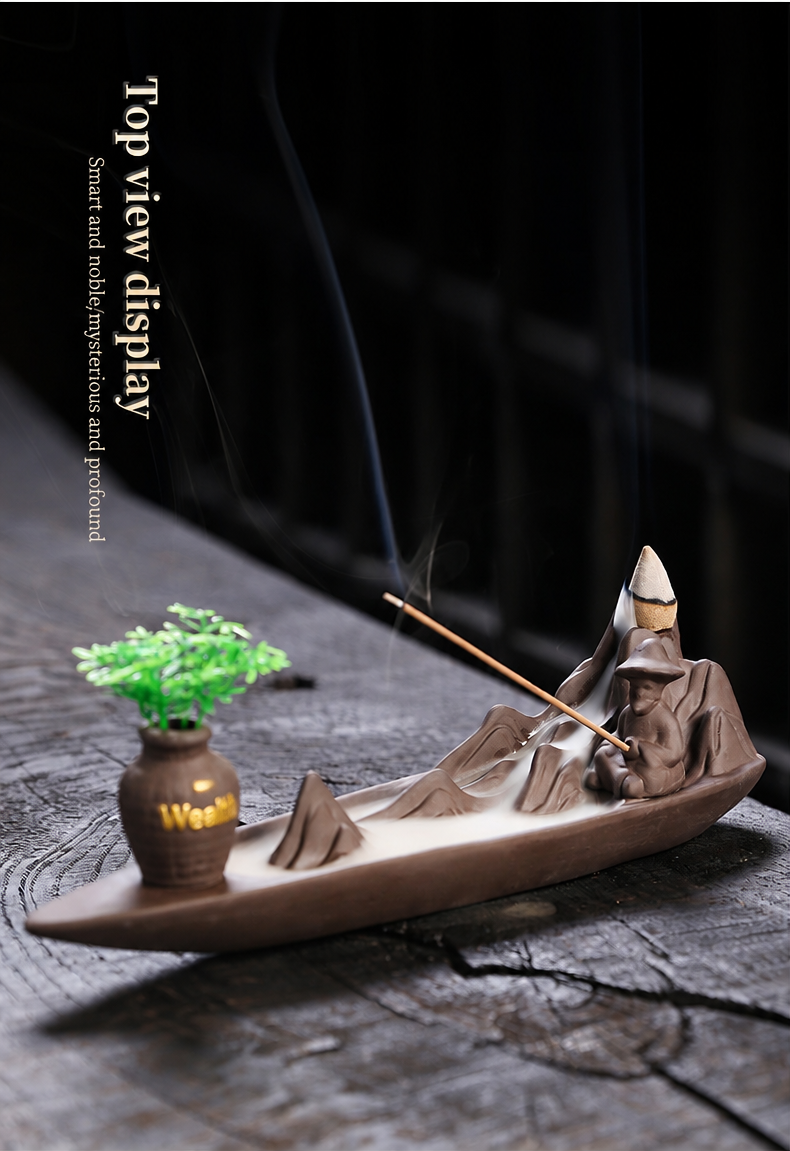 Jingchen Zen Mountain Boat Backflow Incense Burner – Handcrafted Purple Clay Waterfall Smoke & Stick Holder