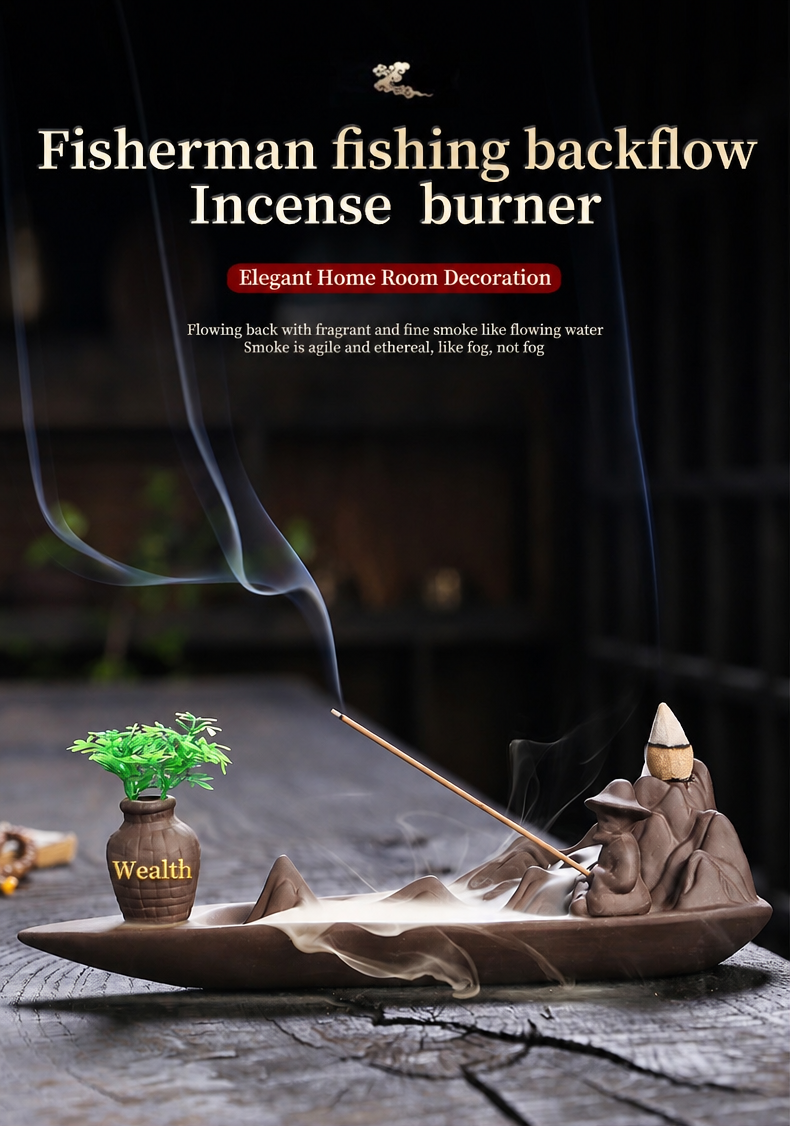 Jingchen Zen Mountain Boat Backflow Incense Burner – Handcrafted Purple Clay Waterfall Smoke & Stick Holder