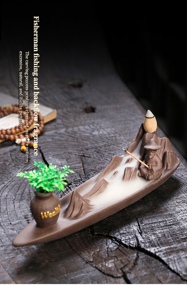 Jingchen Zen Mountain Boat Backflow Incense Burner – Handcrafted Purple Clay Waterfall Smoke & Stick Holder