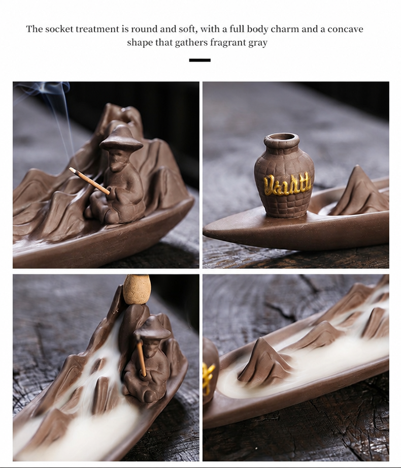 Jingchen Zen Mountain Boat Backflow Incense Burner – Handcrafted Purple Clay Waterfall Smoke & Stick Holder