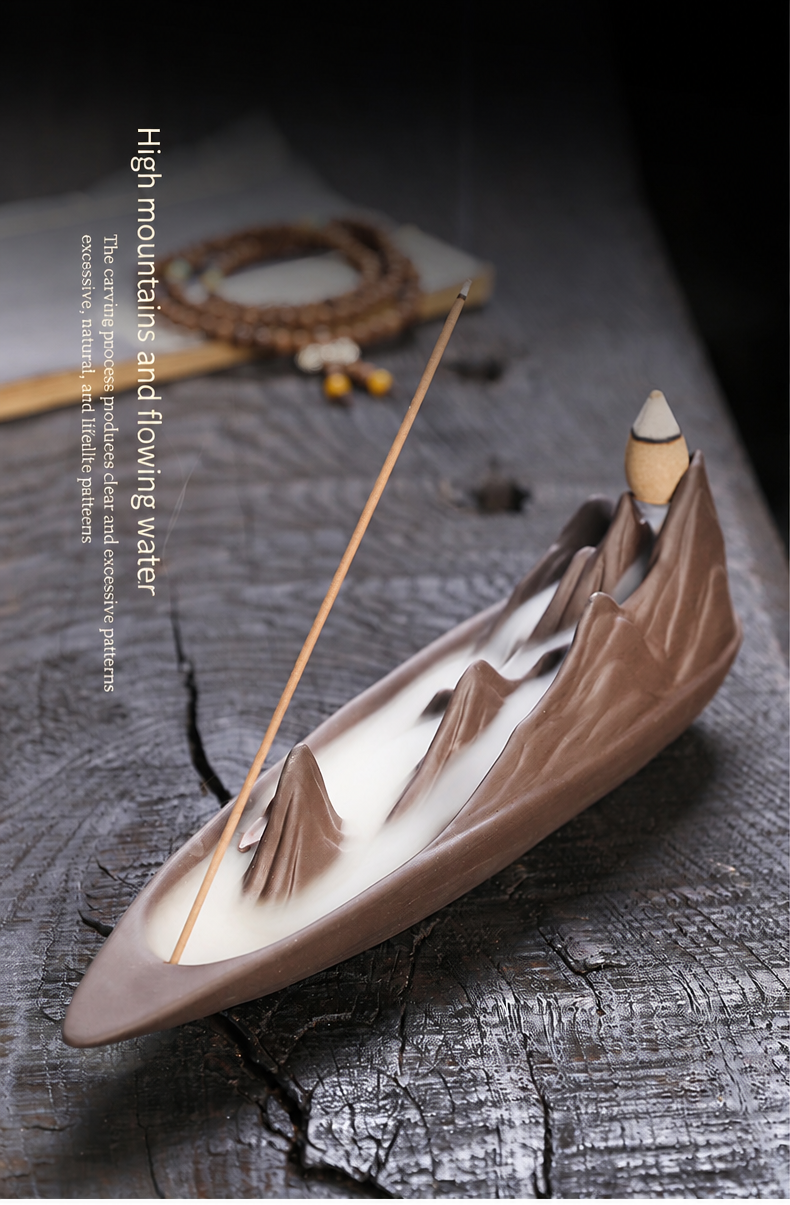 Jingchen Zen Mountain Boat Backflow Incense Burner – Handcrafted Purple Clay Waterfall Smoke & Stick Holder