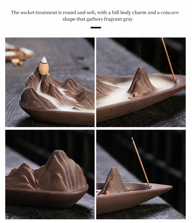 Jingchen Zen Mountain Boat Backflow Incense Burner – Handcrafted Purple Clay Waterfall Smoke & Stick Holder