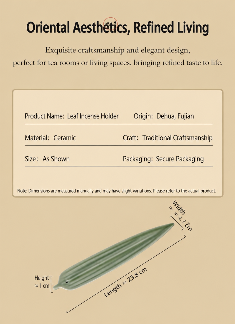 Celadon Ceramic Leaf Incense Stick Holder & Ash Catcher, Minimalist Zen Incense Burner for Meditation and Tea Ceremony