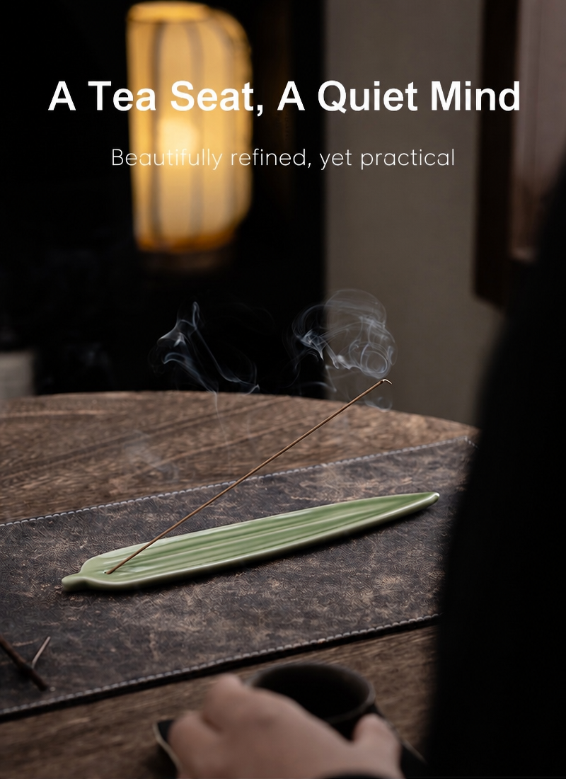 Celadon Ceramic Leaf Incense Stick Holder & Ash Catcher, Minimalist Zen Incense Burner for Meditation and Tea Ceremony