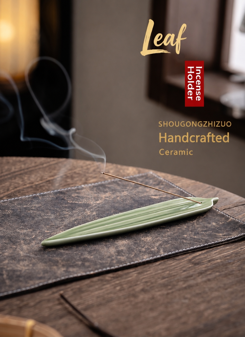 Celadon Ceramic Leaf Incense Stick Holder & Ash Catcher, Minimalist Zen Incense Burner for Meditation and Tea Ceremony
