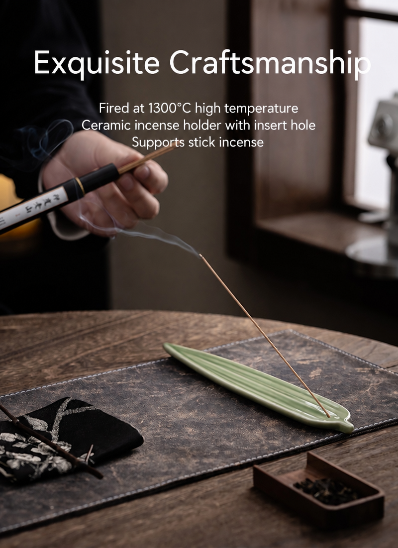 Celadon Ceramic Leaf Incense Stick Holder & Ash Catcher, Minimalist Zen Incense Burner for Meditation and Tea Ceremony