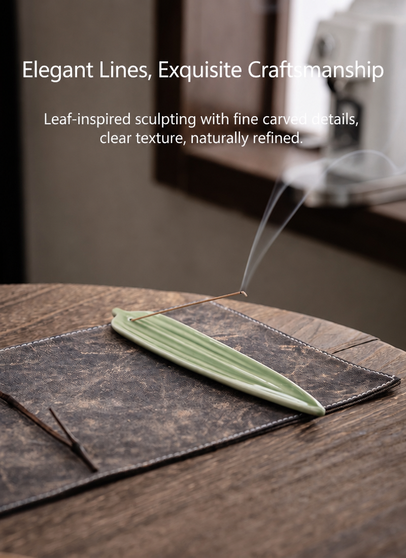 Celadon Ceramic Leaf Incense Stick Holder & Ash Catcher, Minimalist Zen Incense Burner for Meditation and Tea Ceremony