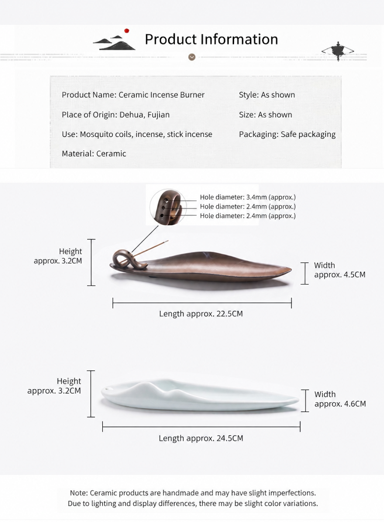 Minimalist Ceramic Incense Stick Holder - Zen Boat & Mountain Ash Catcher Tray