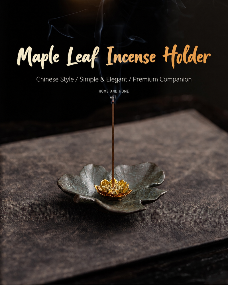Rustic Ceramic Leaf & Golden Lotus Stick Incense Burner | Zen Ash Catcher Tray