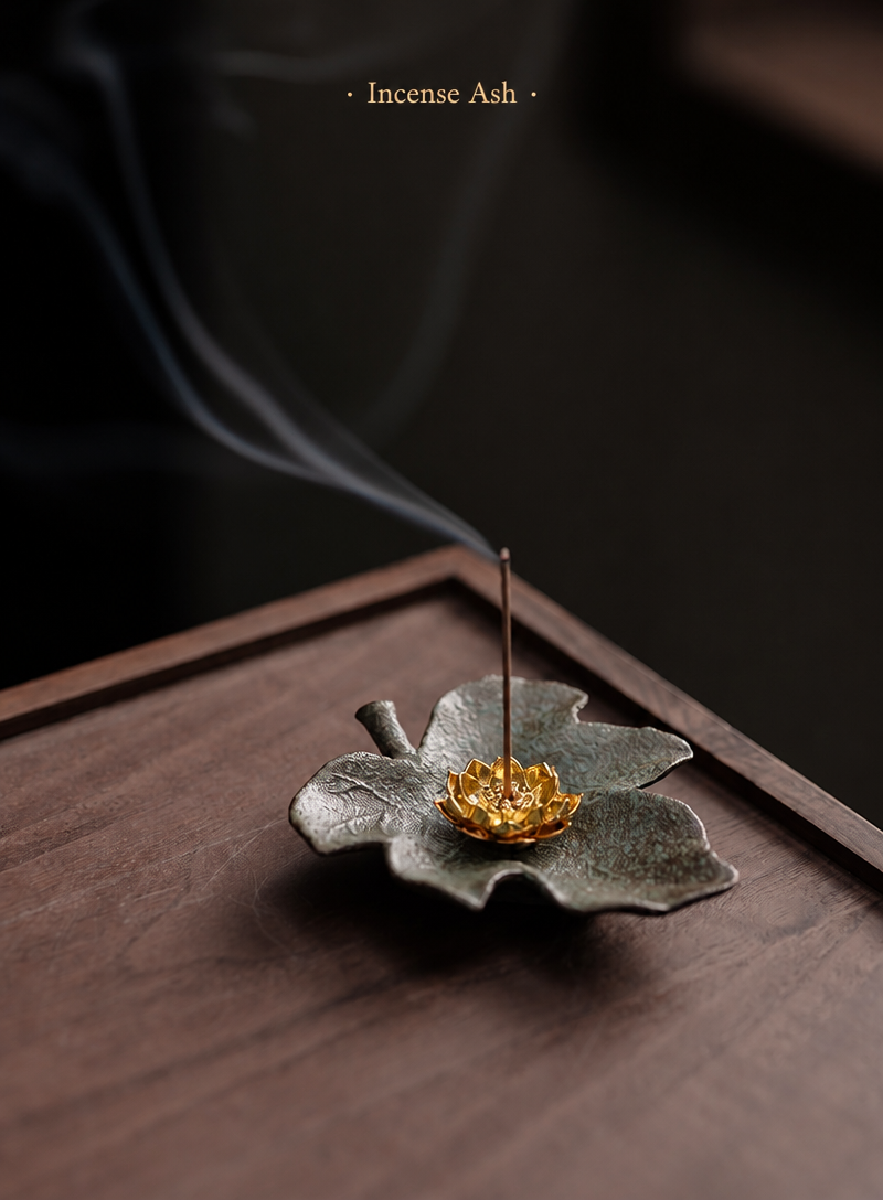 Rustic Ceramic Leaf & Golden Lotus Stick Incense Burner | Zen Ash Catcher Tray