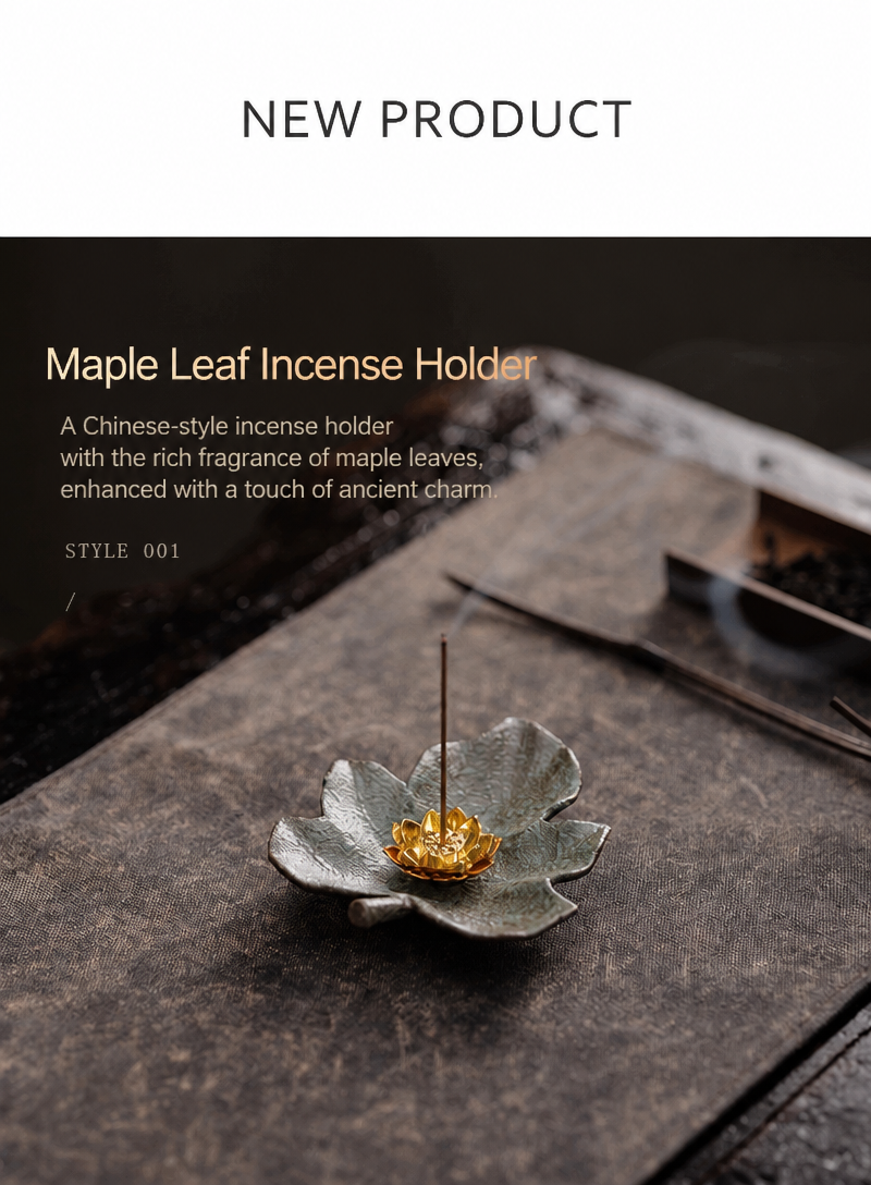 Rustic Ceramic Leaf & Golden Lotus Stick Incense Burner | Zen Ash Catcher Tray