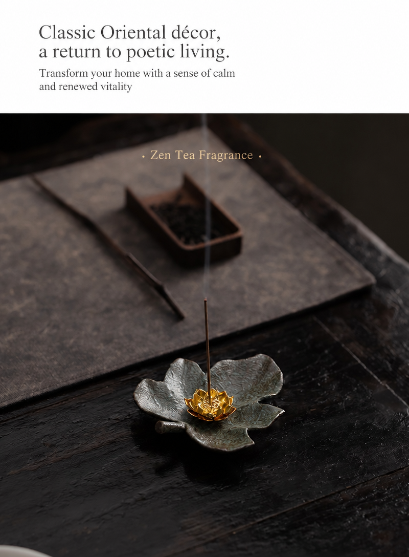 Rustic Ceramic Leaf & Golden Lotus Stick Incense Burner | Zen Ash Catcher Tray