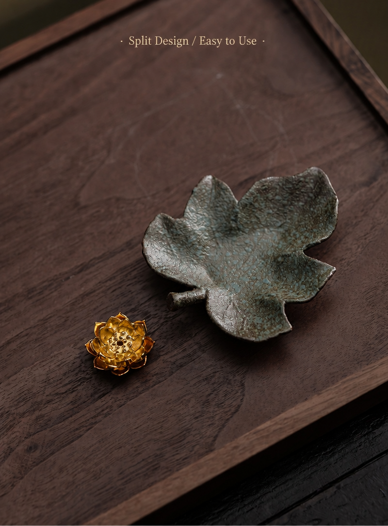 Rustic Ceramic Leaf & Golden Lotus Stick Incense Burner | Zen Ash Catcher Tray