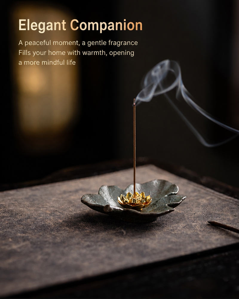 Rustic Ceramic Leaf & Golden Lotus Stick Incense Burner | Zen Ash Catcher Tray