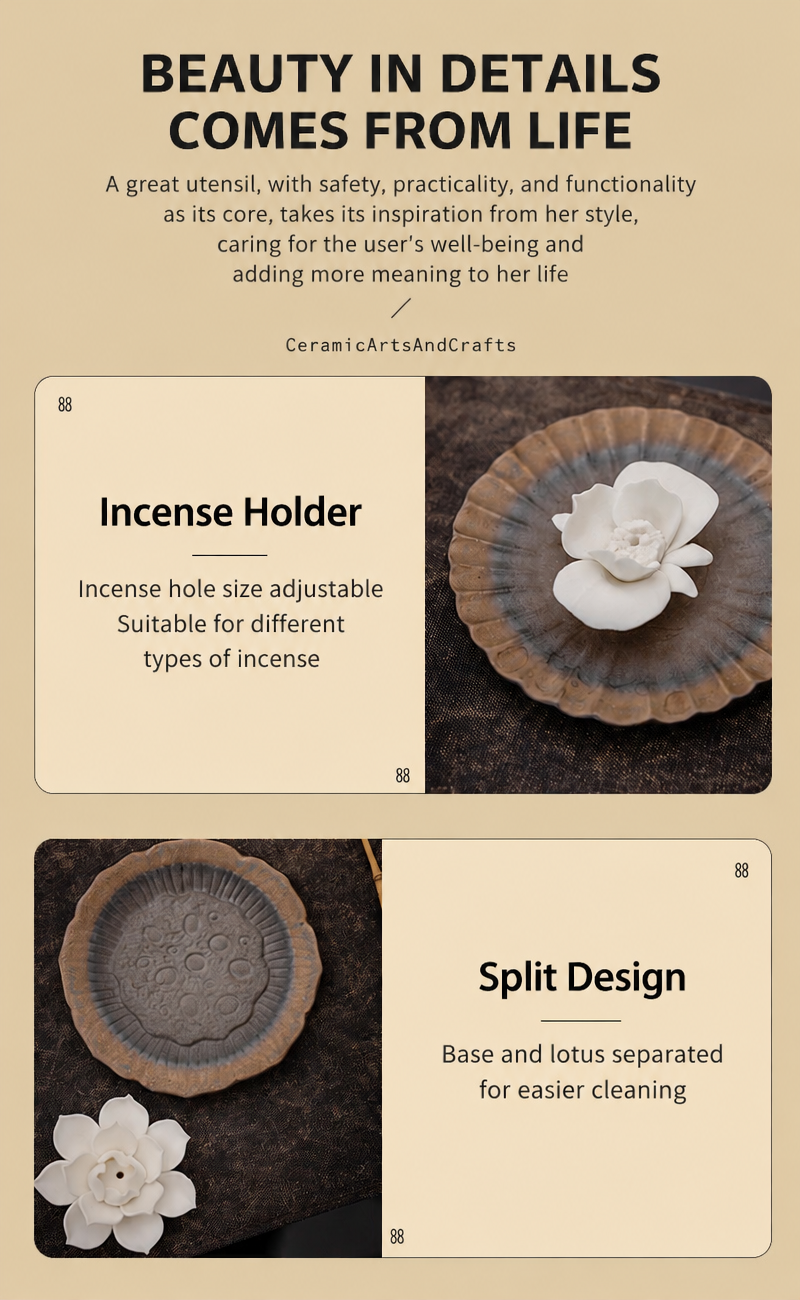 Ceramic Lotus Incense Stick Holder with Textured Ash Catcher Dish - Zen Tea Room and Meditation Decor