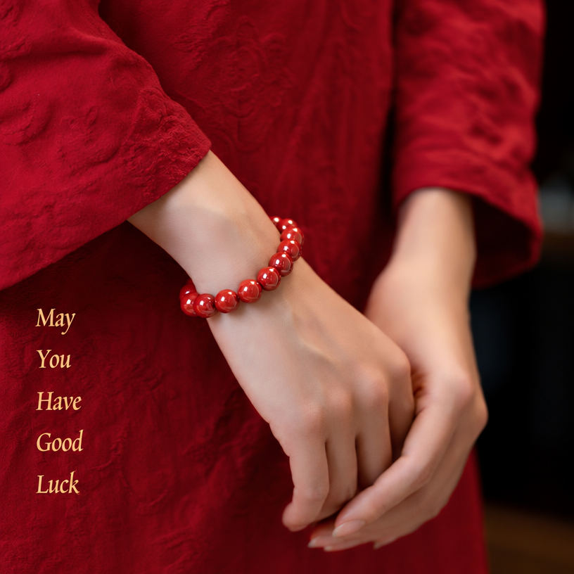 Natural Red Cinnabar Beaded Bracelet - Auspicious Protection & Good Fortune Meditation Jewelry