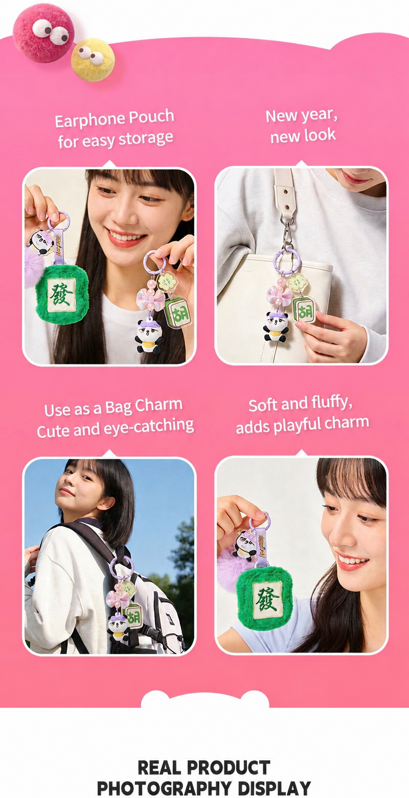 Cute Panda Huhu Plush Bag Charm & Lucky Mahjong Keychain Pendant for Handbags Backpacks
